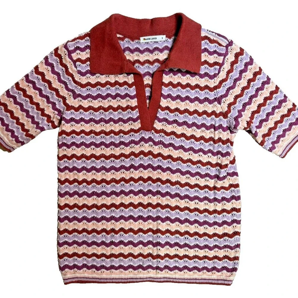 Marine Layer Knit Polo Striped Cotton Retro 70s Preppy Crochet Coastal Grandma S